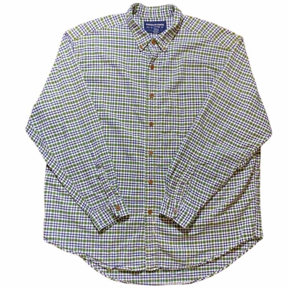 Vintage 90s Abercrombie & Fitch Button Down Green Blue Plaid Check Muscle Large
